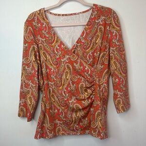 Talbots Women’s Faux Wrap Pink Paisley Top 3/4 Sleeve Cotton Stretch Large L